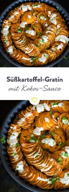 Exotisches Süßkartoffel-Gratin mit Kokosnuss-Sauce #sweetpotatorecipes