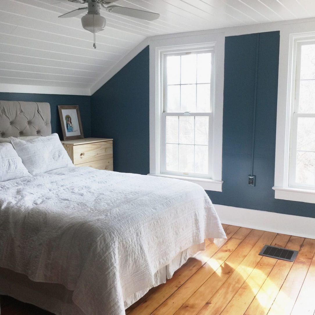 Calming Master Bedroom Update with Planked Ceiling - white house black shutters