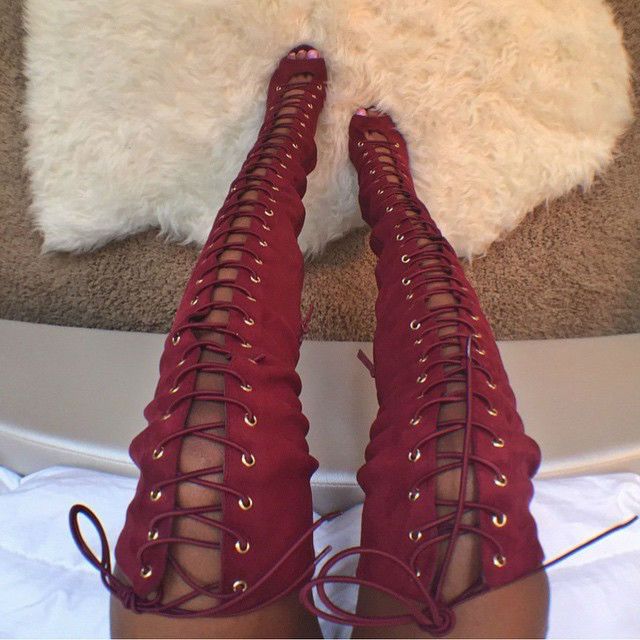 Lace Up Thigh High Peep Toe Boots Thigh High Sandals, High Heel Boots ...