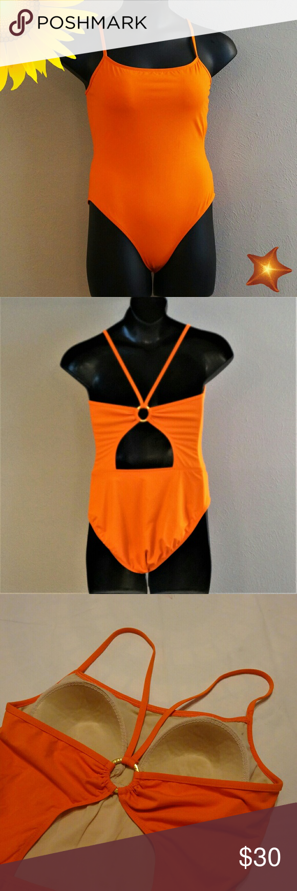 Lovely One-piece Swimsuit Gathered in back with a goldtone ring and ...