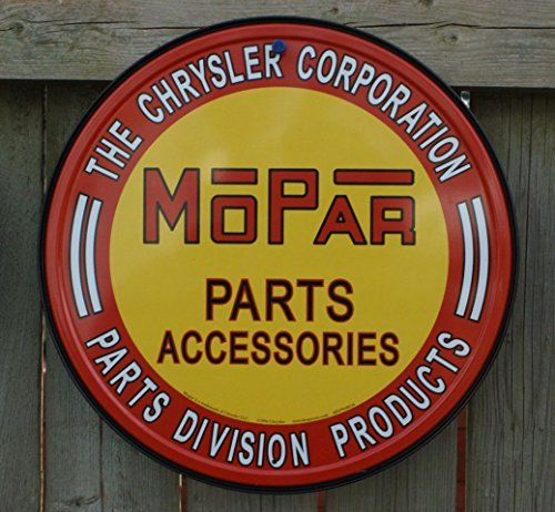 WE USE MOPAR CHRYSLER CORPORATION ENGINEERED PARTS ACCESSORIES ROUND TIN SIGN
