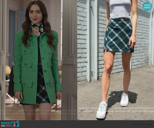 Emily’s green tweed coat on Emily in Paris Emily’s green tweed coat on Emily in Paris