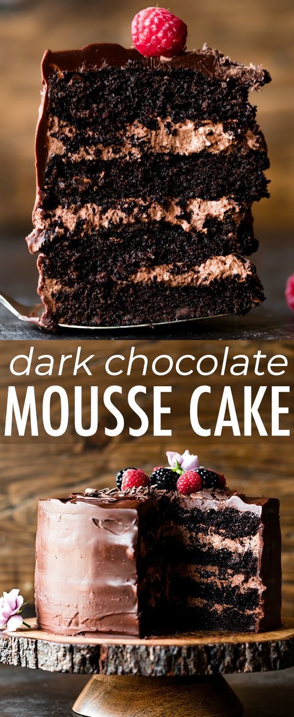 This dark chocolate mousse cake combines rich fudgy chocolate cake with easy creamy chocolate mousse. Cover the whole cake with semi-sweet chocolate ganache for an indulgent chocolate dessert! Recipe on sallysbakingaddiction.com Dessert Party, Oreo Dessert, Party Desserts, Mini Desserts, Just Desserts, Delicious Desserts, Plated Desserts, Gourmet Desserts, French Desserts