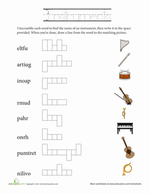 Musical Instrument Words Scramble Worksheet Musical Instrument Words Scramble Worksheet