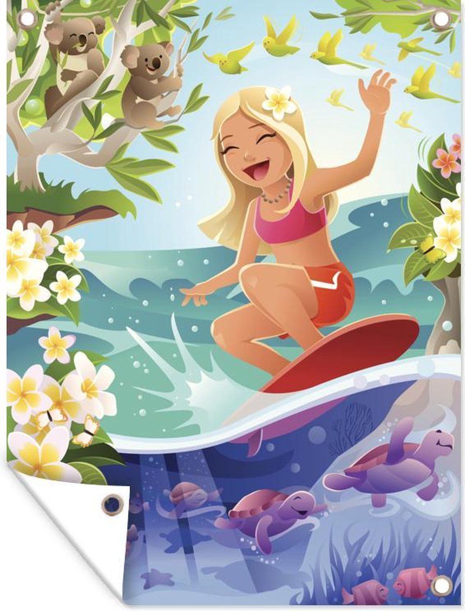 Een indrukwekkende illustratie van een surfend meisje bij het Groot Barrièrerif in Australië. Onder water kun je enkele vissen zien zwemmen. Productkenmerken ✓ Tuinposters in verschillende formaten verkrijgbaar van klein (40x60 cm) tot XL (300x300 cm)✓ 98.9% van de klanten is positief over GreatGardenPosters!✓ Ringen in de hoeken voor eenvoudige bevestiging✓ Posters voor buiten die in een handomdraai je tuin, schutting of balkon opfleurenFotoprint op Tuinposter Tuinposters, ook wel tuindoek g Zelda Characters, Disney Characters, Fictional Characters, Surf Girls, Girl Cartoon, Tinkerbell, Turtle, Cartoons, Koalas