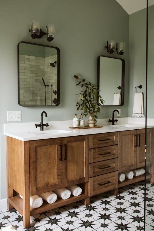 What color is the wood on this bathroom vanity called? Trying to find this particular vanity or something similar-it’s been a challenge. Thanks! : HomeDecorating Cabin Bathrooms, Upstairs Bathrooms, Tiny Bathroom, Farmhouse Bathroom Vanity, Apartment Bathroom, Small Bathrooms, Wood Floor In Bathroom, Two Vanity Bathroom Separate, Ocean Bathroom Theme
