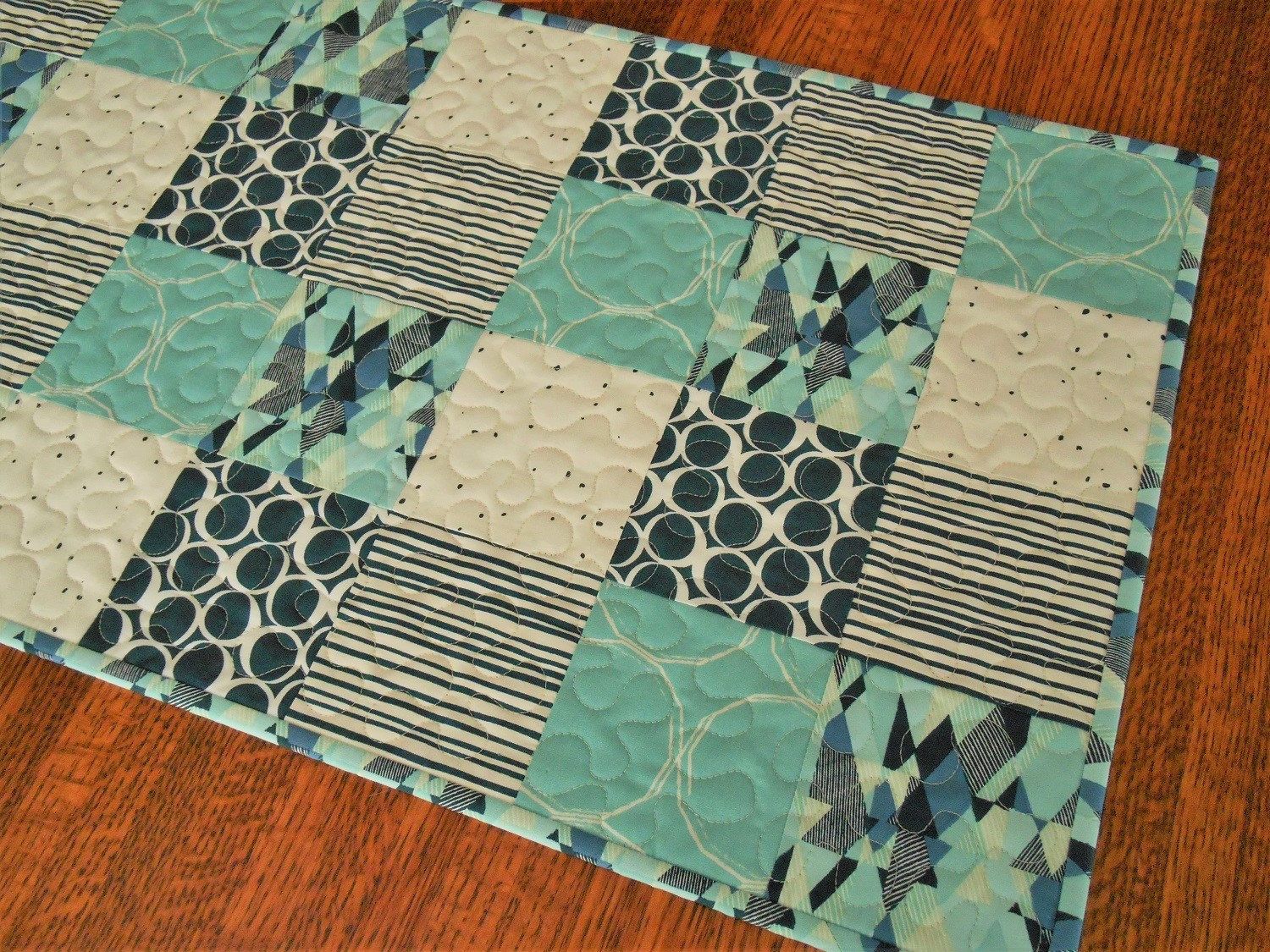 Modern Quilted Table Runner In Navy Blue Aqua White