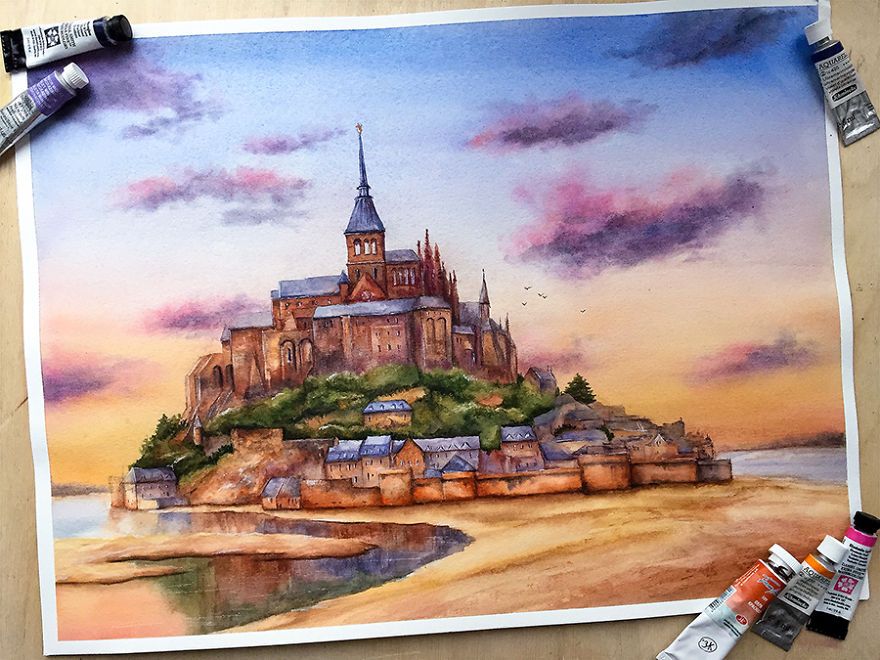 12 Ulkenin Muhtesem Sulu Boya Takvim Calismasi St Michael S Mount St Michael Landscape