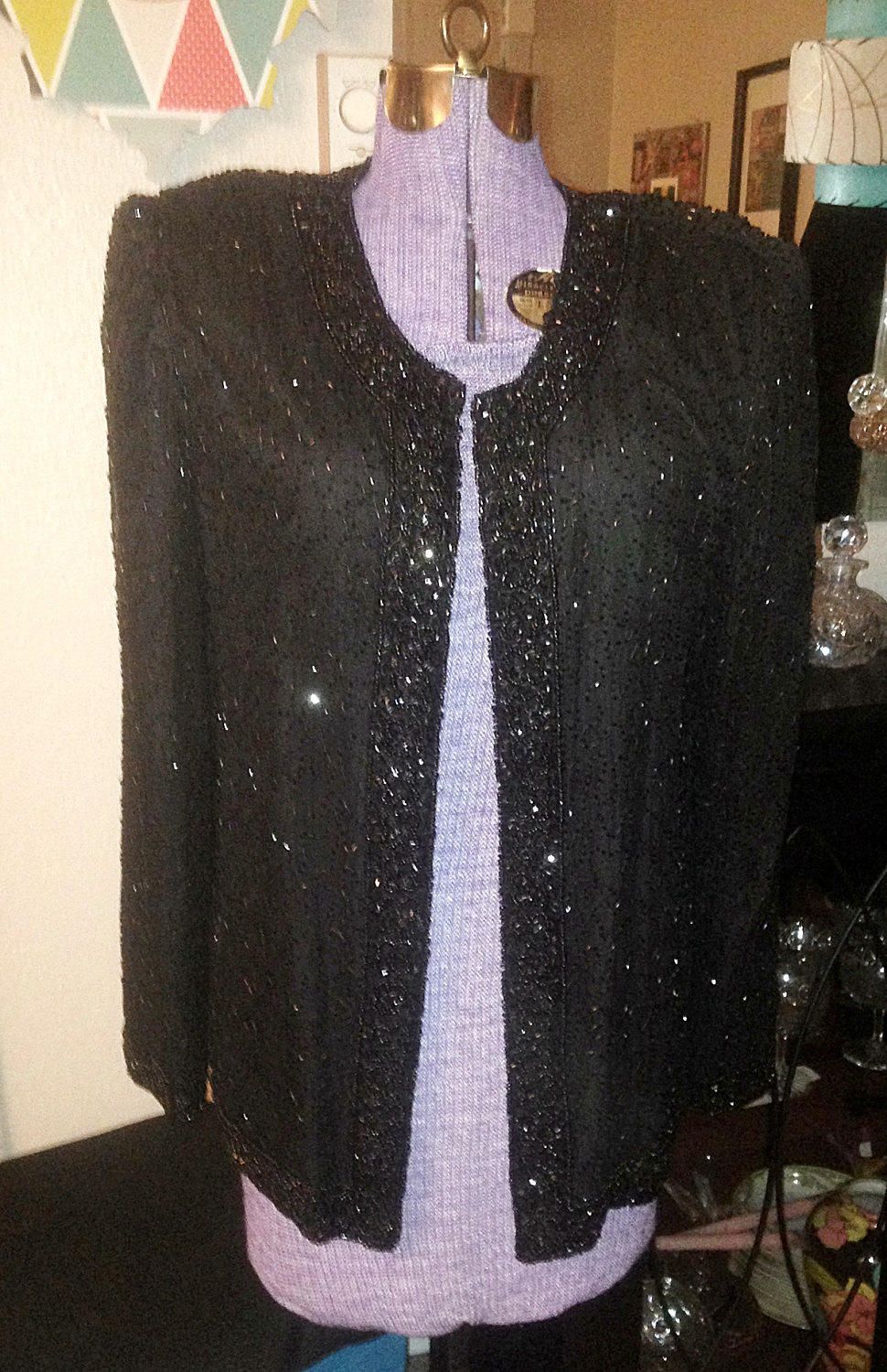 Vintage 80's Laurence Kazar Black Silk Beaded Evening Jacket by