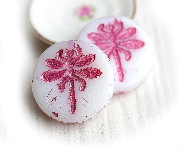 Dragonfly czech glass beads - glitter Pink, White - flat, large, round, tablet shape - 23mm - 2Pc - 0829 Liz Johnson, Bugle Beads, Earring Pair, Heart Beads, How To Make Paper, Beading Supplies, Diy Beads, Czech Glass Beads, Beaded Flowers