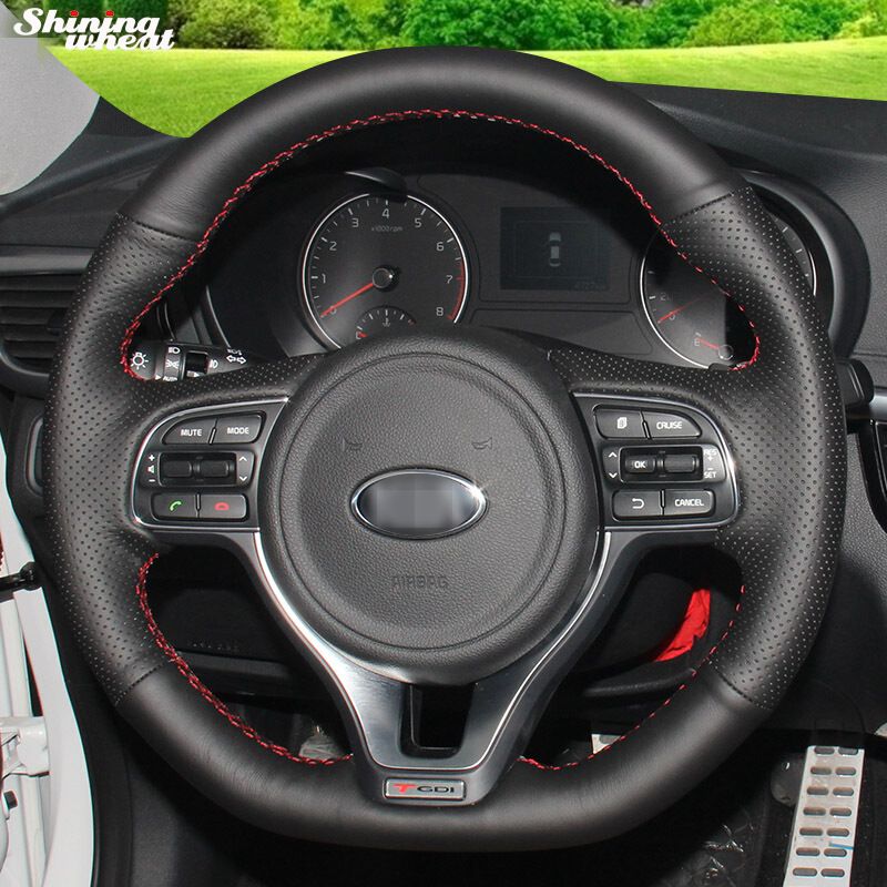 Shining wheat Hand-stitched Black Leather Car Steering Wheel Cover for