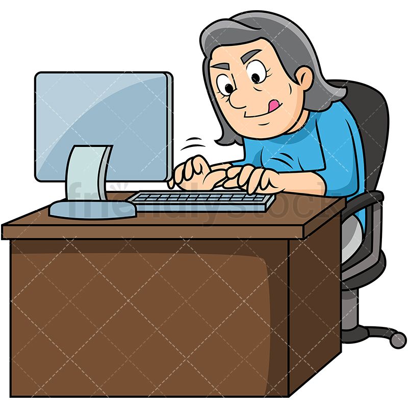 Old Woman Typing Fast On Computer Cartoon Illustration