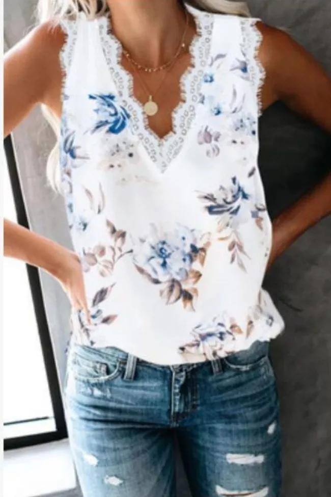 2021 New Print V-neck Sleeveless Off Shoulder Shirt Lace Sleeveless Top, Chiffon Shirt, Womens Sleeveless Tops, Womens Cami, Womens Tops, Leopard Print, Lace Splicing, Casual Tanks, Tank Tops