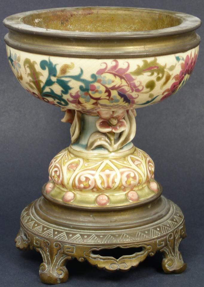 Antique Italian porcelain & brass compote. Shaped in goblet or chalice form, it is decorated with beautiful hand painted floral scroll design to sides. Figural flower design to center with raised scroll and bead design to foot of compote. Crystal Wine Glasses, Vases And Vessels, Home Design Decor, Scroll Design, Chalice, Porcelain Painting, Fine China, Glass Ornaments, Floral Painting