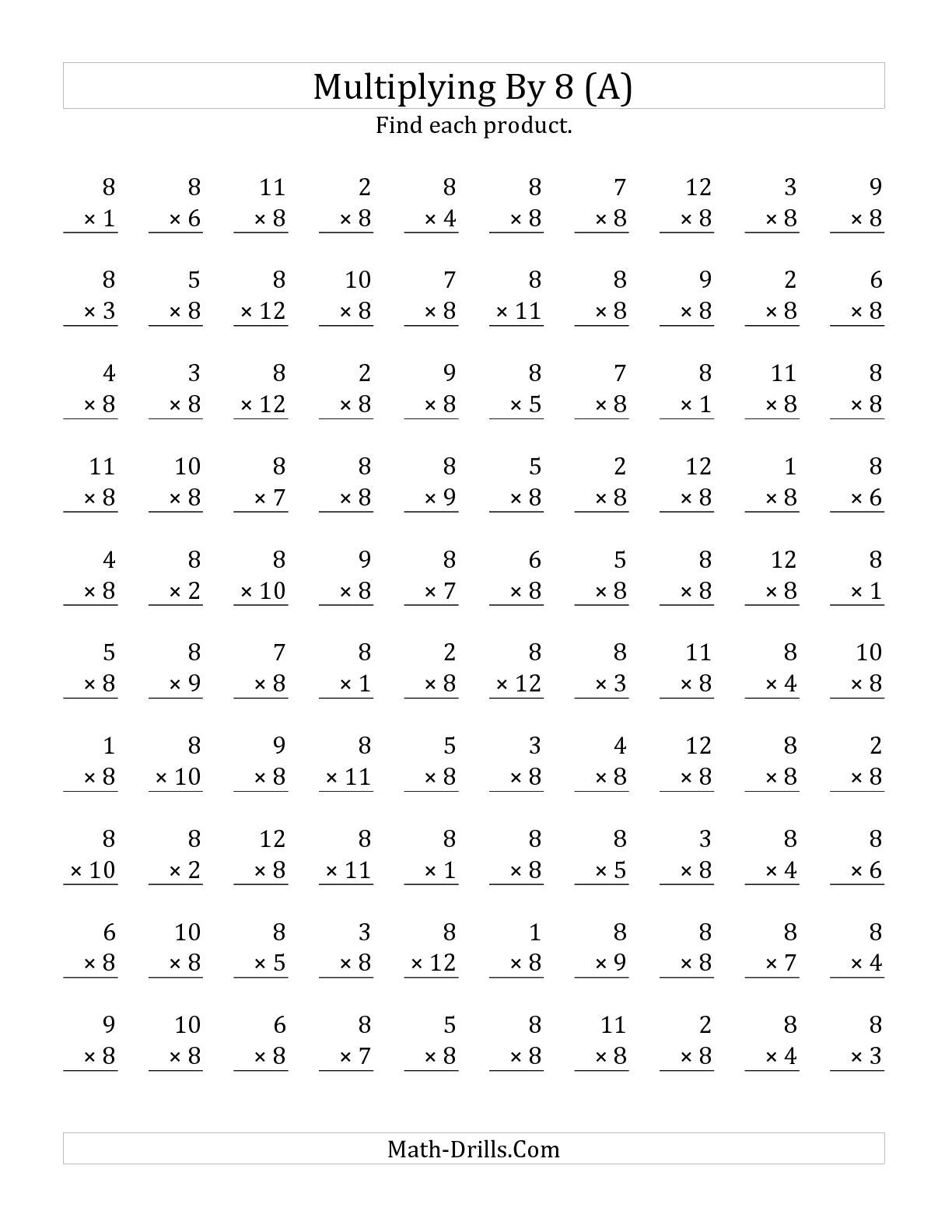 The Multiplying 1 To 12 By 8 A Math Worksheet From The Multipli Multiplication Facts 