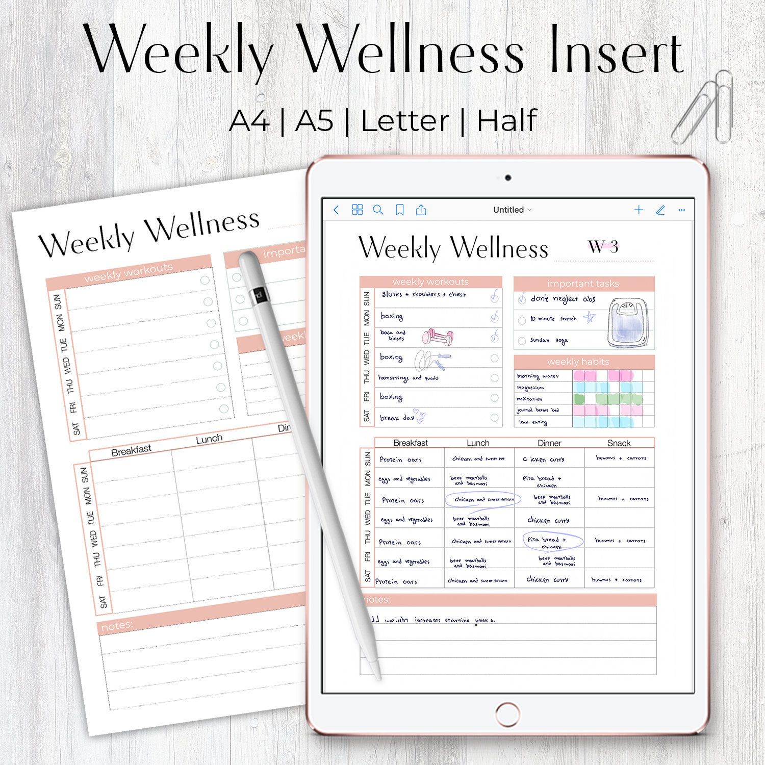 Weekly Fitness Planner, Weekly Wellness and Meal Tracker