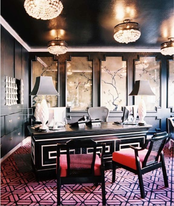 Dark And Glamorous Office With Asian Inspired Artwork Lonny Home Office Design Home Design