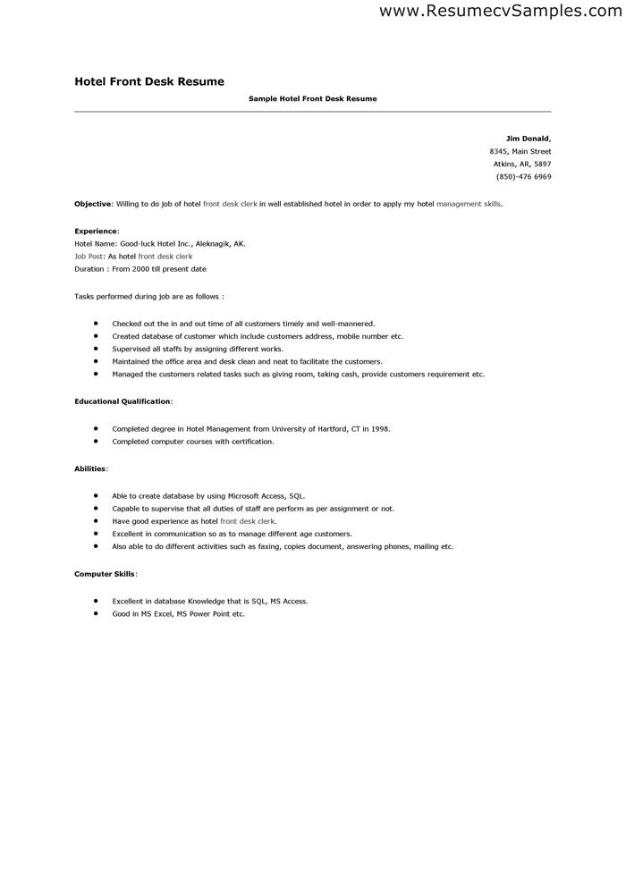Front Desk Clerk Resume Examples - wwwresumecareerinfo