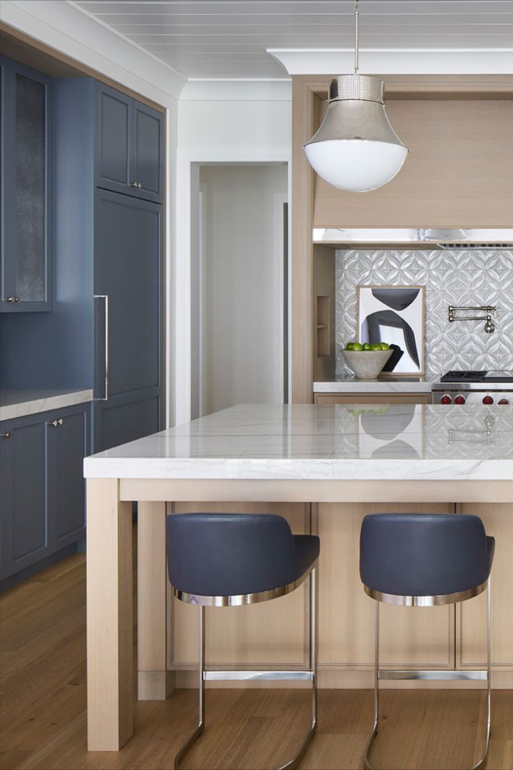Whether breezy pastels or dramatic jewel tones, a little bit of color can go a long way. Follow the link for our full gallery of colorful kitchen inspiration. 💡: Kelly Wearstler's Precision Large Pendant in a design by @dawnreevesdesign, photographed by @rymcdon Blue Space, Kitchen Gallery, Kelly Wearstler, Guest Bath, Kitchen Colors, Mudroom, Home Office, Breakfast Bar, Remodel