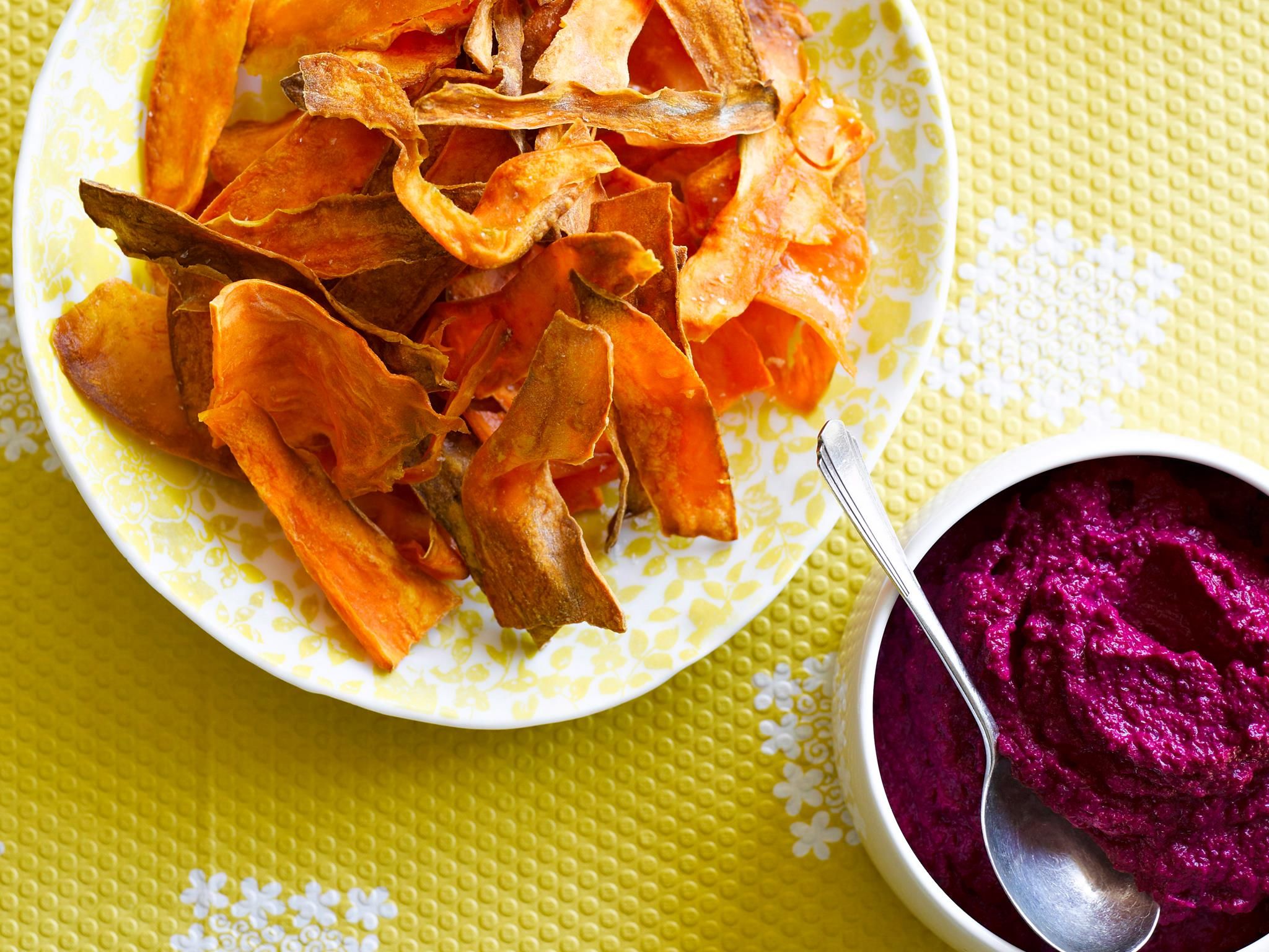 Beetroot hummus with kumara crisps Recipe 10 healthy Beetroot hummus with kumara crisps Recipe 10 healthy
