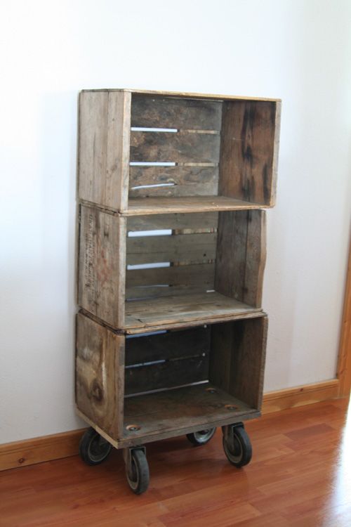 wood crate shelf. Image this same thing with milk crates and a dolly ...