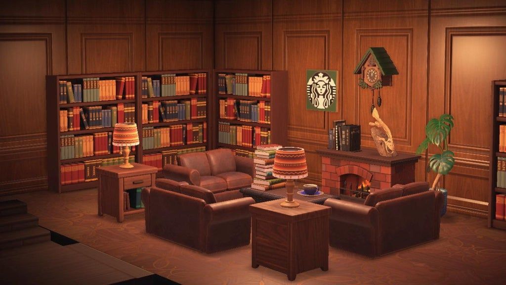 I Miss Starbucks And My College Library So I Turned My Basement Into A Comfy Coffee Book Cave Animalcrossing In 2020 Animal Crossing Animal Crossing Coffee Design