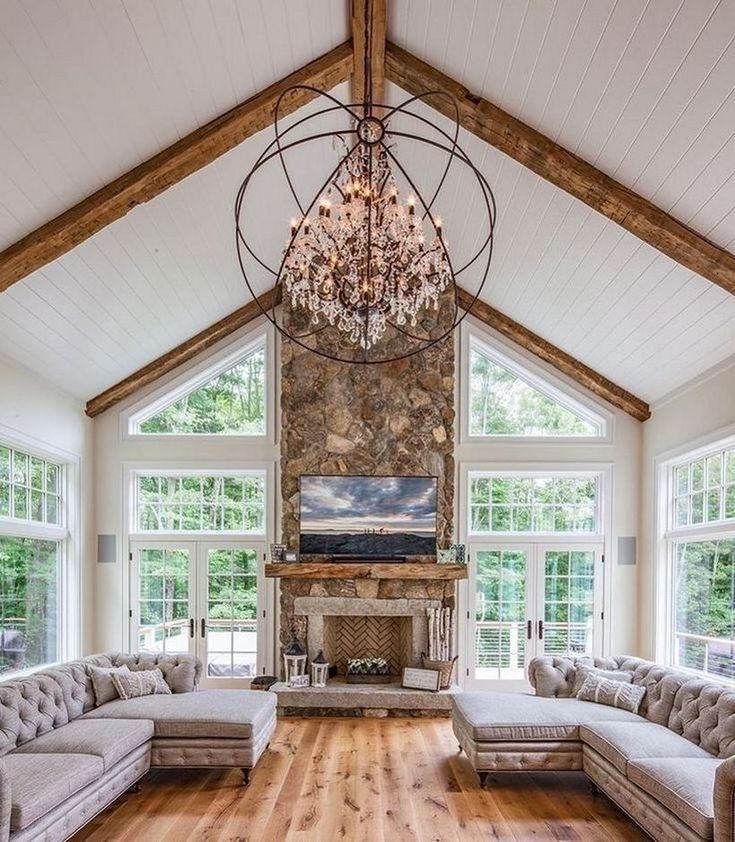 51 Simple Living Room Design With Farmhouse Style Kitchengarden Gardenflowers Ga Vaulted Ceiling Decor Farm House Vaulted Ceiling Living Room, Ceiling Ideas For Farmhouse