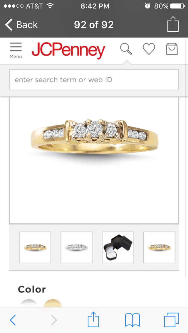 the jcpenney app on iphone shows an image of a gold ring with diamonds