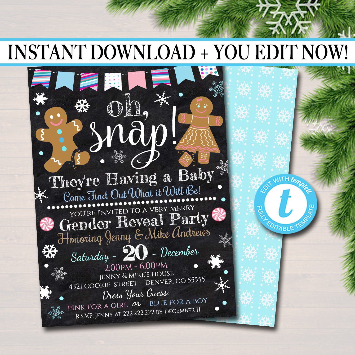 Gender Reveal Party Invitation, Christmas Invite, Cookie Baby Shower, Pink or Blue Snowflake, Gingerbread Oh Snap!