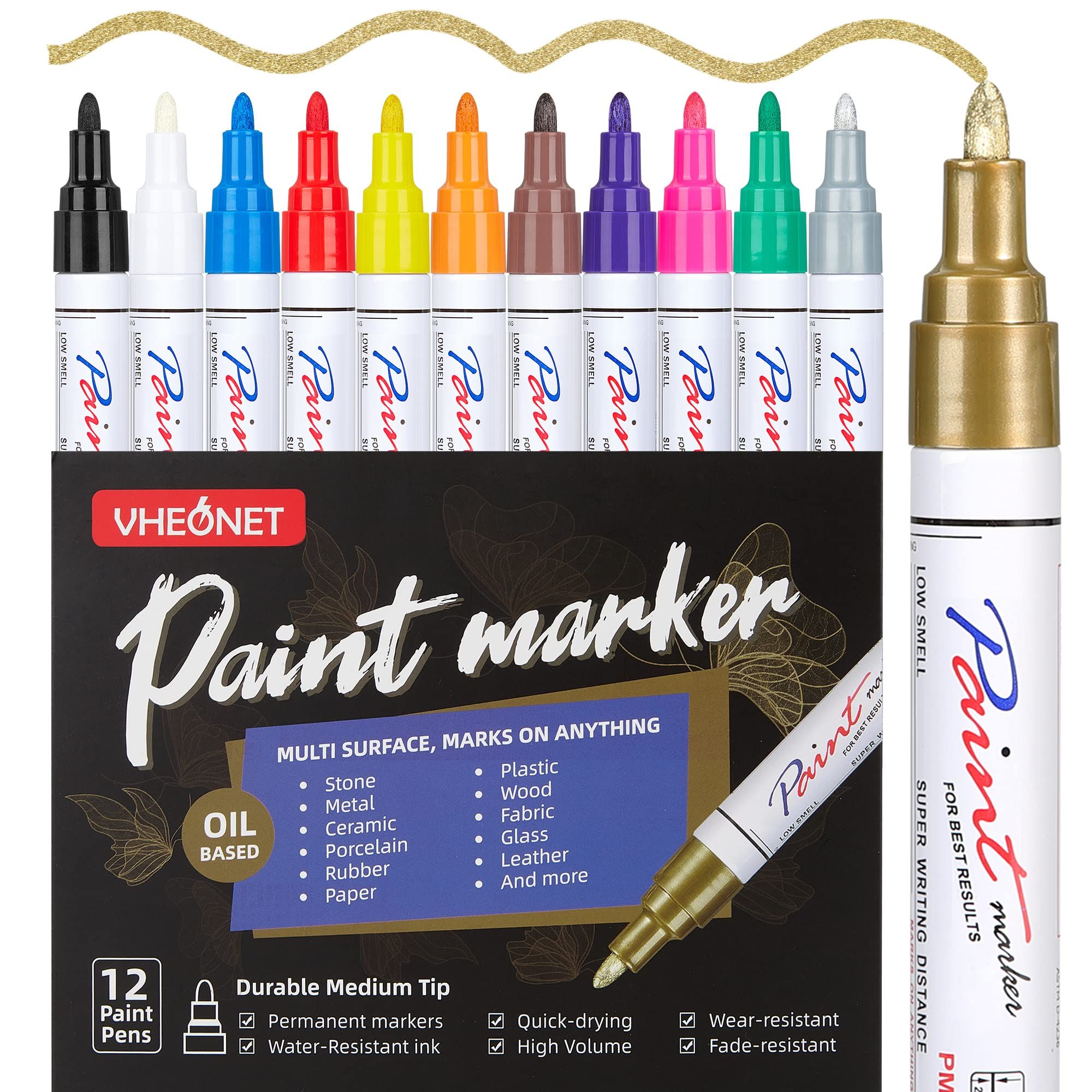 PRICES MAY VARY. 🎨12 BRIGHT LONG LASTING COLORS: Purple, Orange, Silver, Green, White, Blue, Yellow, Gold, Black, Pink, Brown, Red. The water resistant ink flows easily, dries fast. Use them to paint, write, or add a splash of vibrant color to any art project. 🎨AVAILABLE ON MOST SURFACES: Writes on nearly all smooth surfaces with your imagination and creation, allowing you to easily write on paper, stone, rubber, ceramics, wood, glass, plastic! Not recommended for porous and rough surfaces. 🎨 Glass Paint Pens, Paint Marker Pen, Permanent Marker, Green White, Blue Yellow, Waterproof Paint, Wood Glass, Pen Sets, Pink Brown