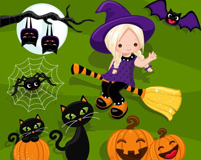 Halloween Clipart With Cute Witches Lots Of Cute Critters Baby Owls Cats Broomsticks Pumpkins Cauldron Graphics Bonus Characters Ilustracion De Halloween Brujas De Halloween Halloween