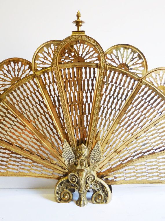 Vintage Fireplace Screen Brass Fan Fold Out Winged Lion
