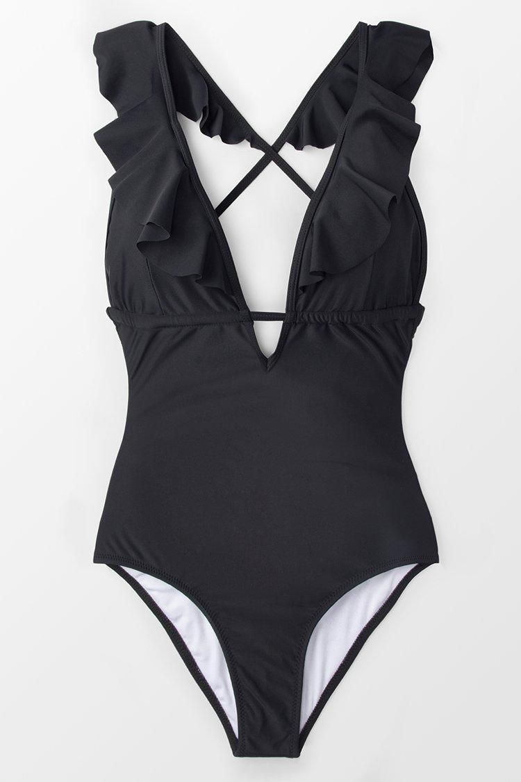 CUPSHE Womens Enjoy It Solid Color Falbala Ruffled One Shoulder One-Piece Swimsuit