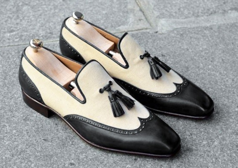 Mens Handmade Shoes Wingtip Two Tone Beige Suede Blue Leather Formal Wear Boots