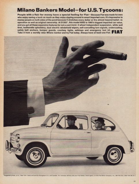 Vintage 1965 Fiat 600d Car Ad Milano Bankers Model Small Two Door