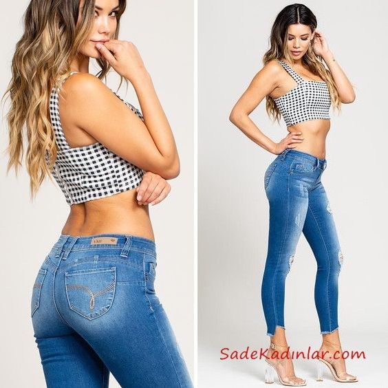 Kot Pantolon Kombinleri Lacivert Yırtık Skinny Pantolon Siyah Askılı Desenli Büstiyer #outfits #denim #fashion Sports Bra, Skinny, Crop Tops, Denim Fashion, Fit, Women's Top, Cowgirl Fashion, Shape