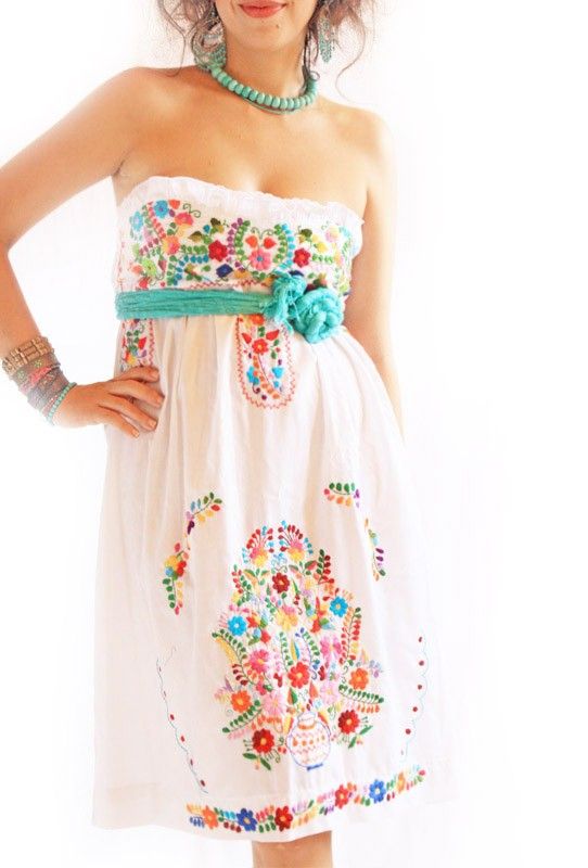strapless mexican embroidered dress