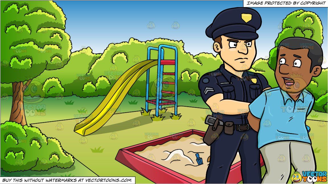a policeman arresting a black man and an outdoor playground cartoon playground background