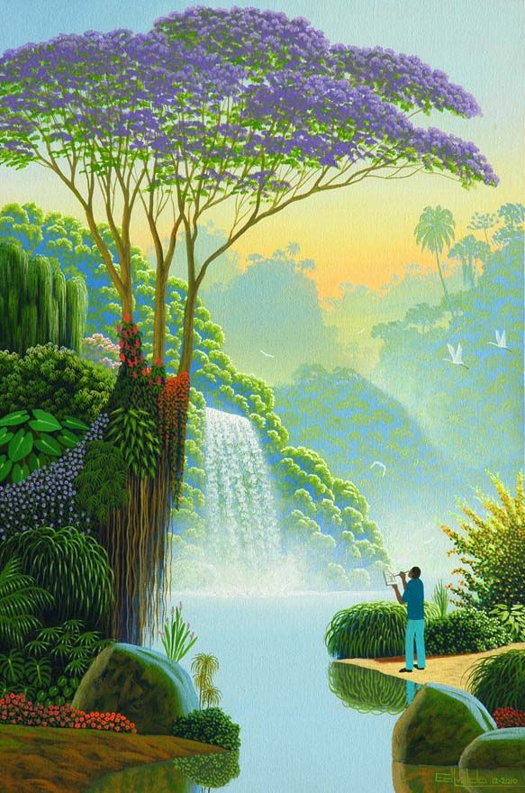 Gabinete de Curiosidades da Maria Pinto: Arte Naif: pintando com tintas, alma e coração Naive Painting, Nature Art Painting, Nature Paintings, Beautiful Nature Wallpaper, Beautiful Nature Pictures, Beautiful Landscapes, Landscape Art, Landscape Paintings, Waterfall Paintings