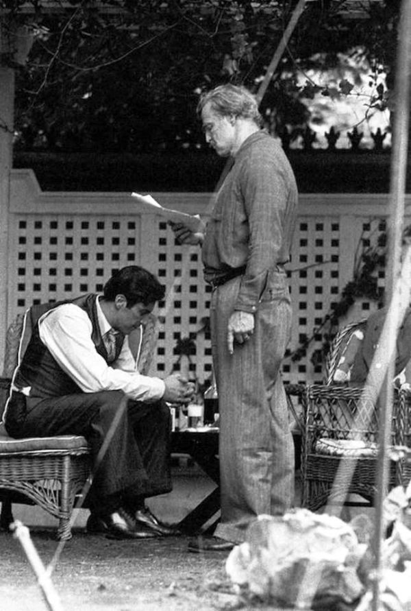 Al Pacino and Marlon Brando rehearsing lines for "The Godfather" - 1972