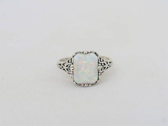 Vintage Sterling Silver White Opal Filigree Ring Size 7