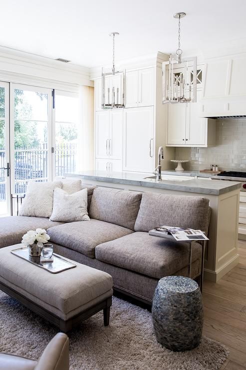 Gray Sectional on Back of KItchen Island - Transitional - Living Room