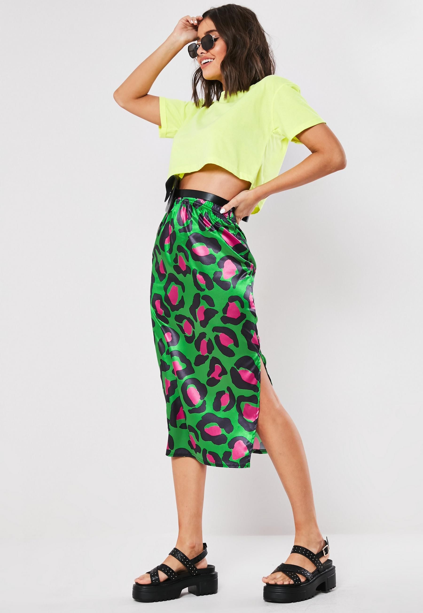 Green Satin Leopard Print Midi Slip Skirt Missguided Skirts Green Satin Pink Leopard Print