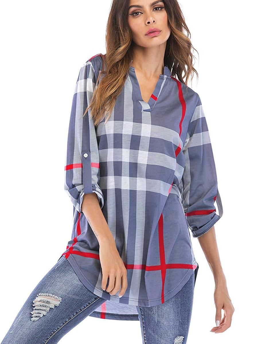 Women Henley Shirts Casual Plaid Roll Up Sleeve V Neck Buttton Down Blouse Pullover