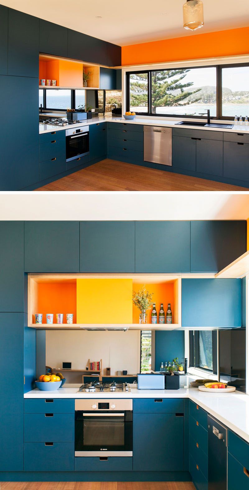 This Prefab House With A Lush Green Roof Was Built In Six Weeks This Dark Blue Kitchen Is Brightened Up With White Countertops And Colorful Pops Of Orange