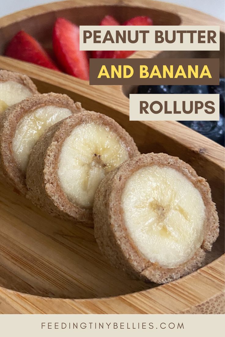 Peanut butter and banana roll ups served on a bamboo plate Kids Lunch Recipes, Vegan Kids Recipes, Baby Food Recipes, Kids Meals, Snack Recipes, Toddler Recipes, Baby Led Weaning Breakfast, Toddler Breakfast, Breakfast Rolls