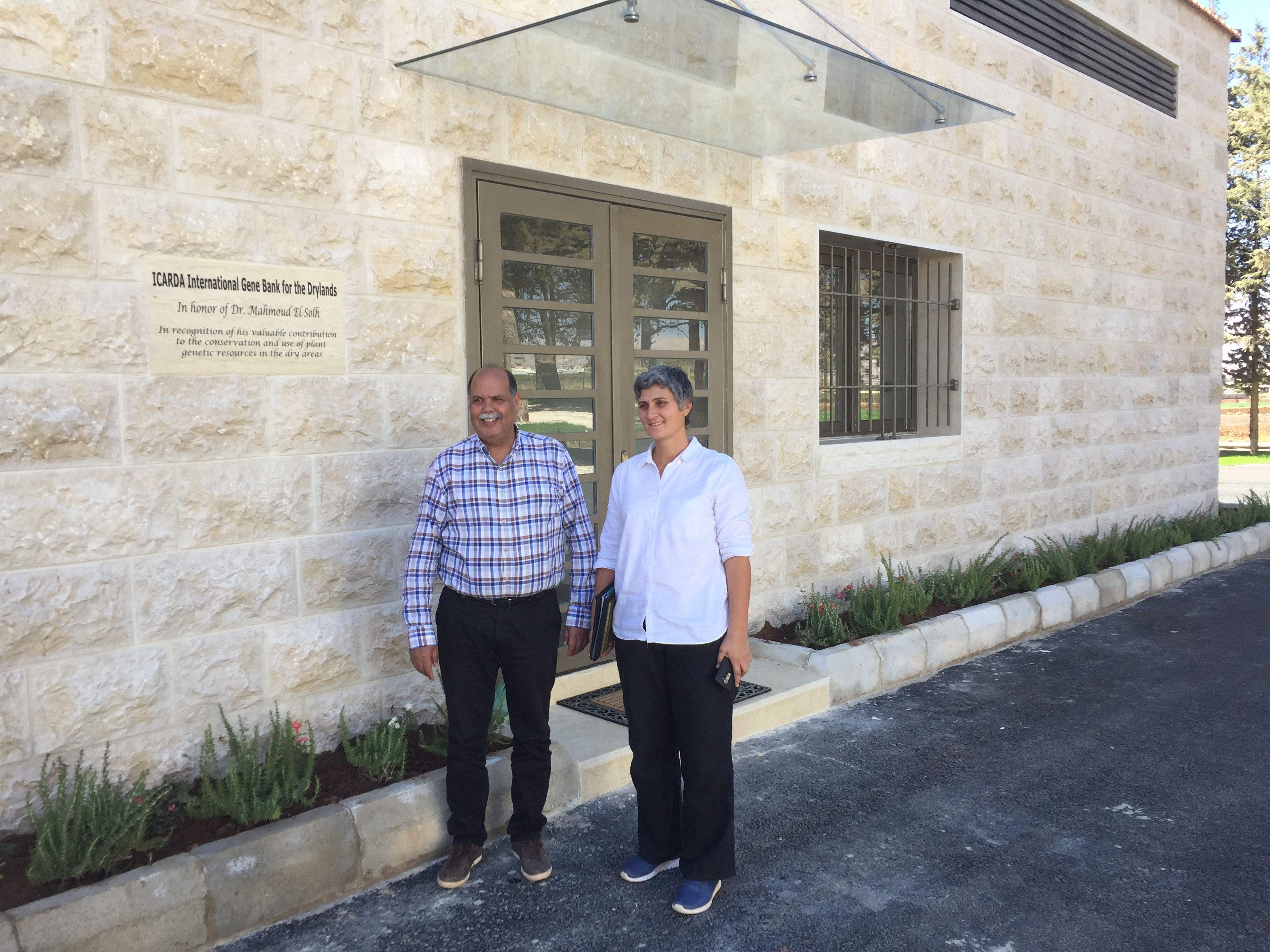 Ahmed Amri and Mariana Yazbek in front of the new ICARDA genebank in