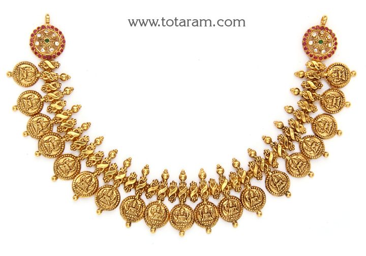 22 Karat Gold 'Lakshmi Kasu' Necklace with Cz & Color Stones (Temple Jewellery) - 235-GN4316 - in 25.000 Grams for USD $1894.99. Made in India by Totaram Jewelers Online this product is in Gold - 22 Karat BIS Hallmark 916 KDM Gold & is an excellent gift for Adult - Women. Ships fully insured with secured guaranteed delivery for free with your order over $250 from New Jersey USA & comes with 30 days exchange policy. 22k Gold Jewelry, Diamond Jewelry, Gold Necklace, Gifts For Adults, Gifts For Women, Selling Jewelry, Jewelry Stores, Temple Jewellery, Excellent Gift