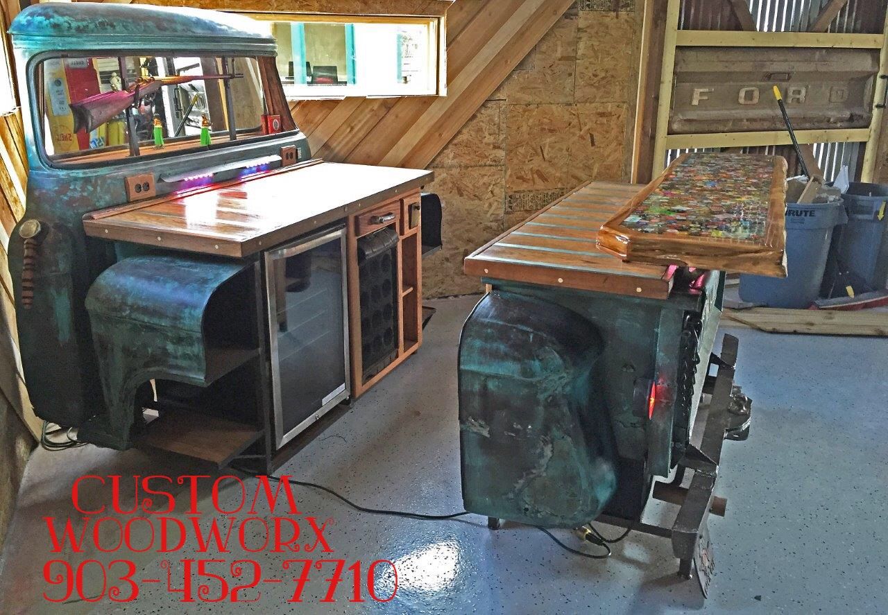 Upcycled Truck Beds, Tractor Kitchens & Dr Pepper Cooler Bars - The Sustainable Home Hub Car Part Furniture, Automotive Furniture, Automotive Decor, Recycled Furniture, Handmade Furniture, Furniture Design Modern, Barn Wood Decor, Truck Tailgate, Tire Chairs