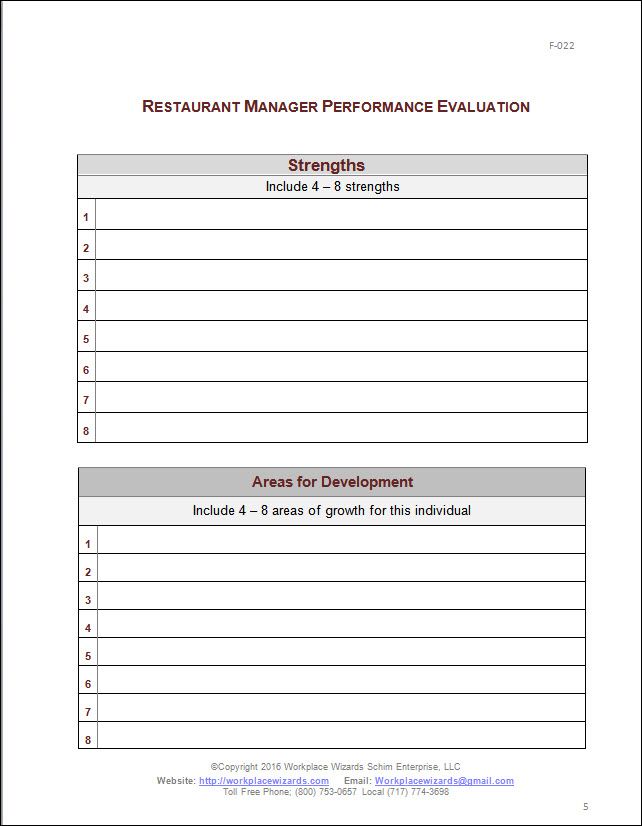 restaurant manager performance evaluation form